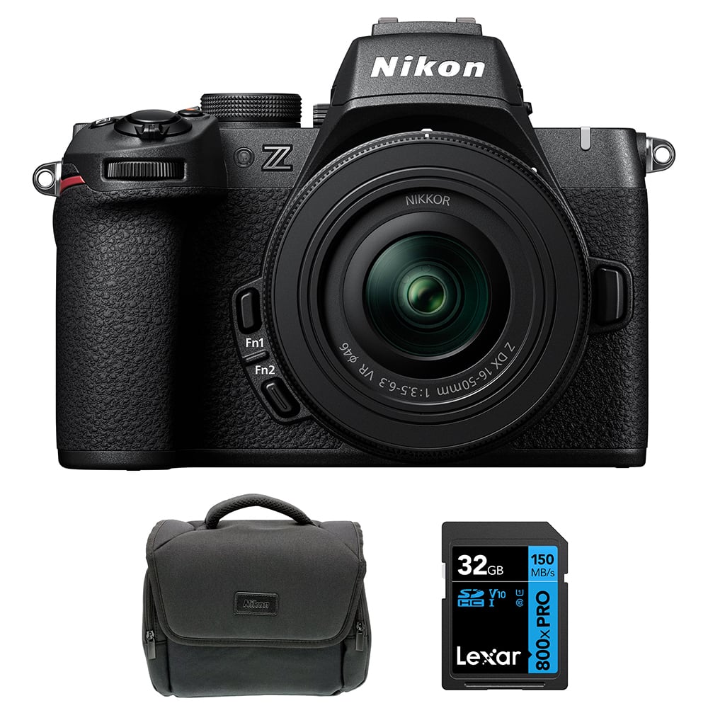 Nikon Z50 II mirrorless camera kit in black with 16–50 mm lens attached, featuring a 3.2‑inch tilting touchscreen, built-in electronic viewfinder, textured ergonomic grip, and compact APS‑C mirrorless design.