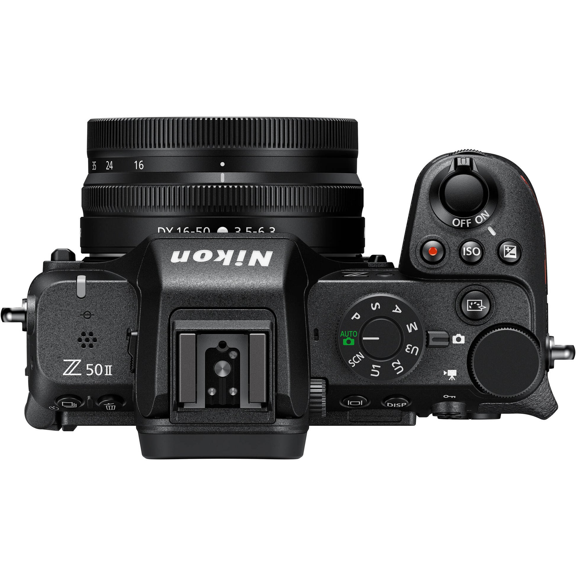 Nikon Z50 II mirrorless camera kit in black featuring two NIKKOR Z lenses (16–50 mm and 50–250 mm), with 3.2″ tilting touchscreen, built-in electronic viewfinder, and ergonomic textured grip.