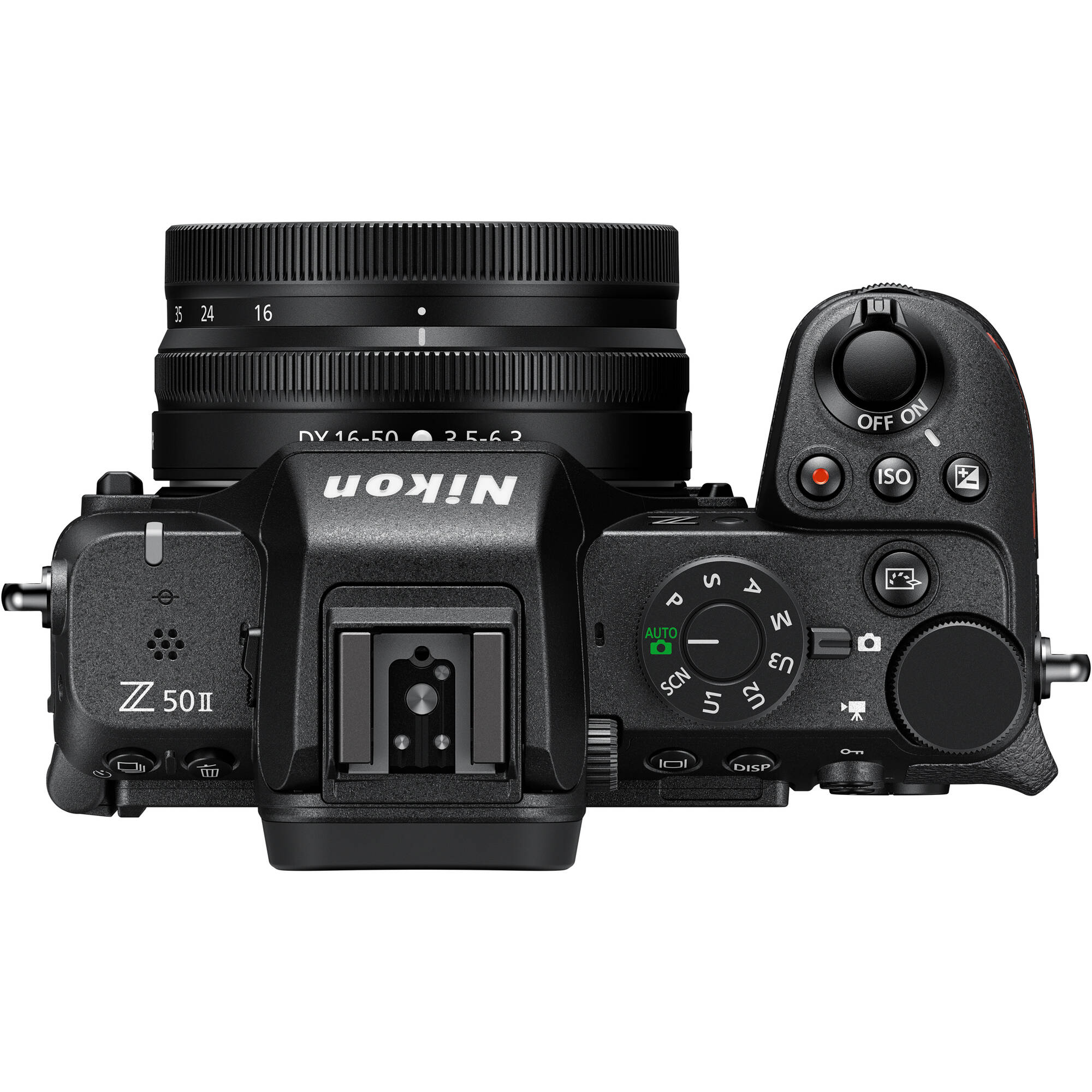 Nikon Z50 II mirrorless camera kit in black featuring two NIKKOR Z lenses (16–50 mm and 50–250 mm), with 3.2″ tilting touchscreen, built-in electronic viewfinder, and ergonomic textured grip.