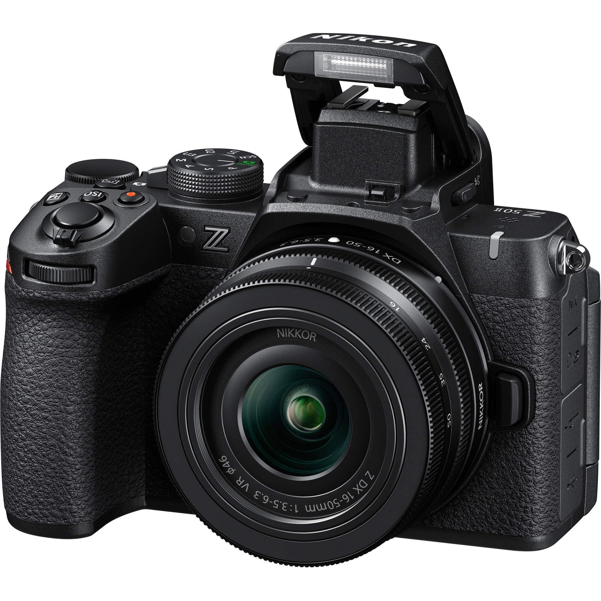 Nikon Z50 II mirrorless camera kit in black featuring two NIKKOR Z lenses (16–50 mm and 50–250 mm), with 3.2″ tilting touchscreen, built-in electronic viewfinder, and ergonomic textured grip.