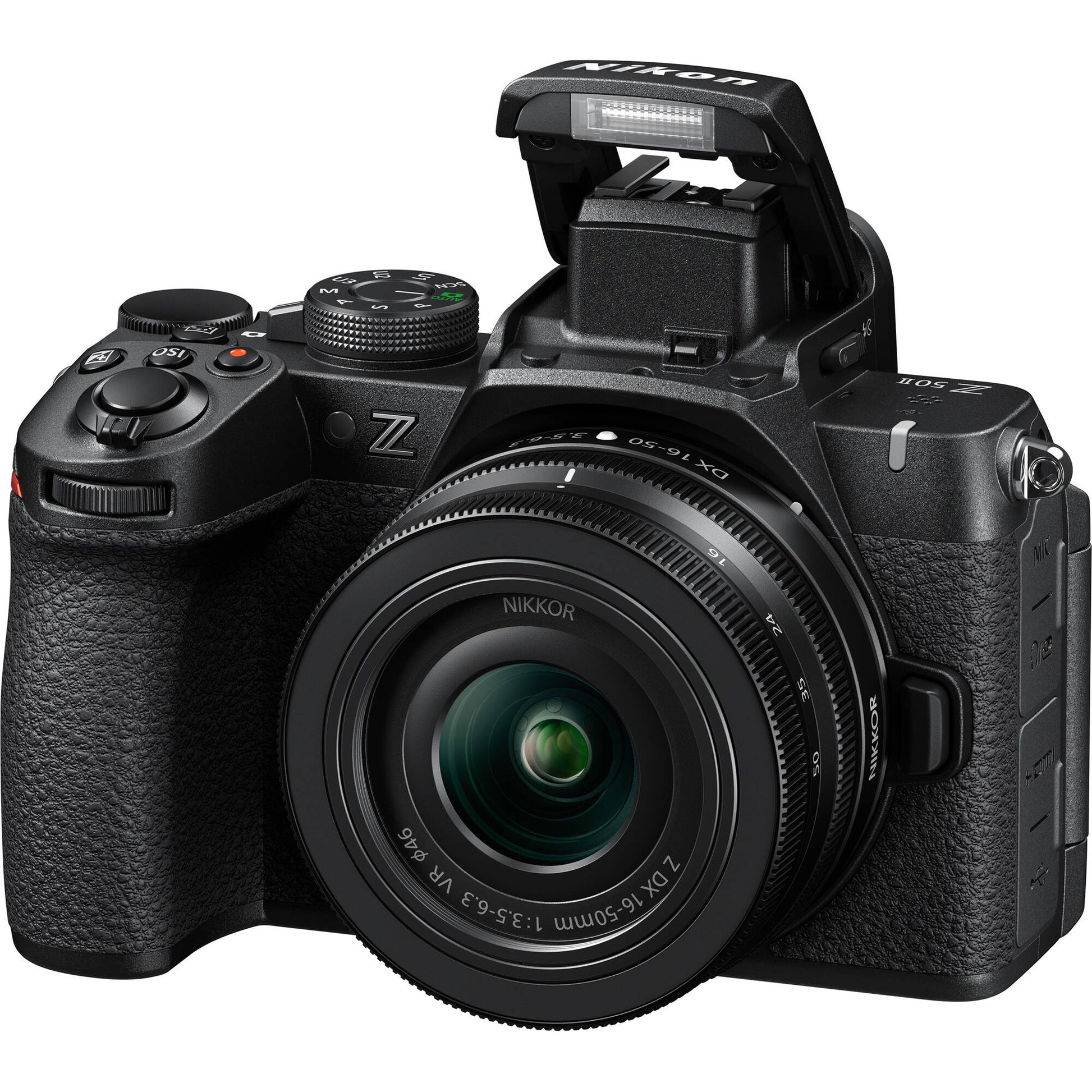 Nikon Z50 II mirrorless camera kit in black with three attached NIKKOR Z lenses (16–50 mm, 50–250 mm, and 35 mm prime), featuring a 3.2‑inch tilting touchscreen, built-in electronic viewfinder, and ergonomic textured grip.