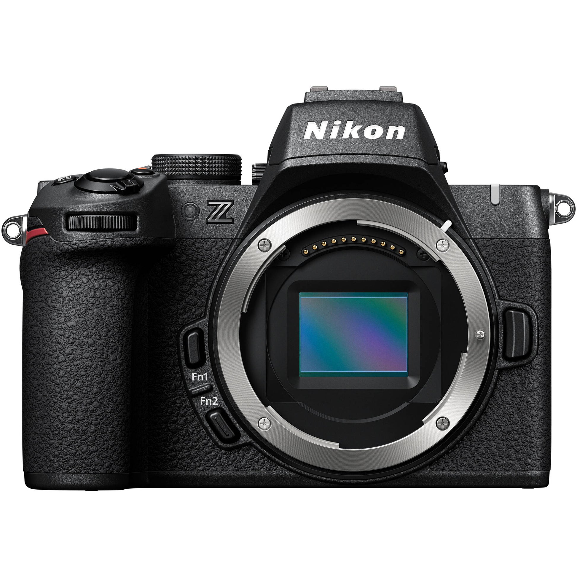 Nikon Z50 II mirrorless camera body in black, shown with a mounted lens—featuring a 3.2″ articulating touchscreen, bright OLED electronic viewfinder, textured grip, and compact APS‑C design.