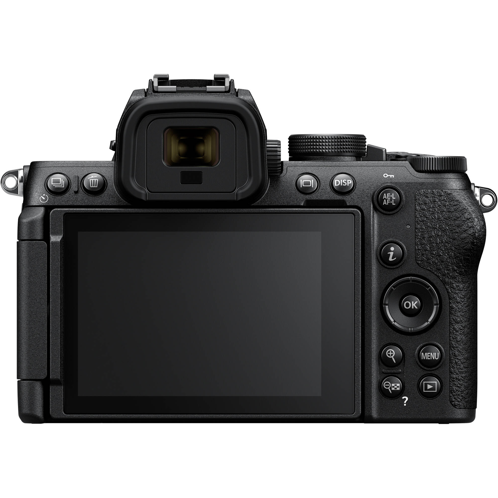 Nikon Z50 II mirrorless camera body in black, shown with a mounted lens—featuring a 3.2″ articulating touchscreen, bright OLED electronic viewfinder, textured grip, and compact APS‑C design.