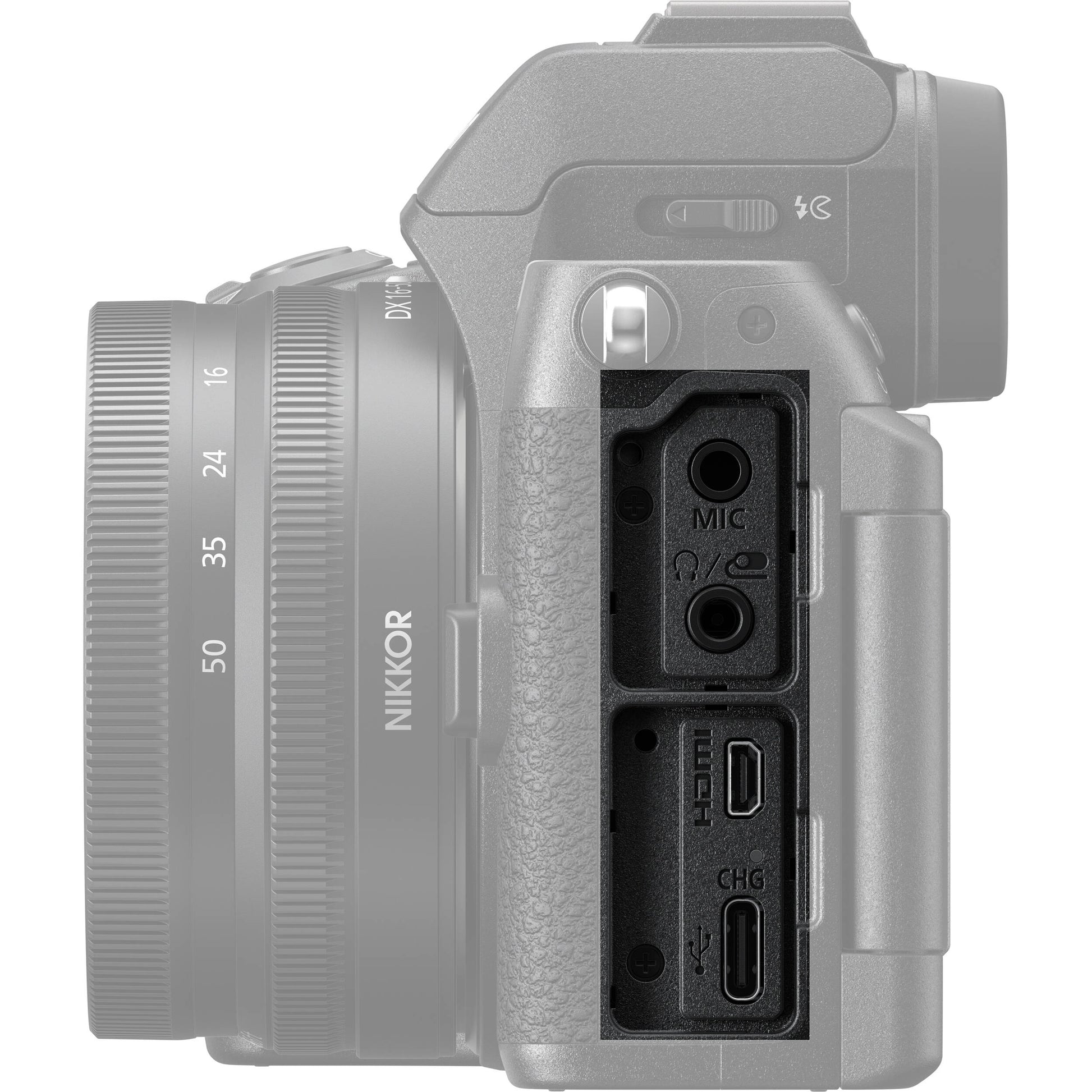 Nikon Z50 II mirrorless camera body in black, shown with a mounted lens—featuring a 3.2″ articulating touchscreen, bright OLED electronic viewfinder, textured grip, and compact APS‑C design.