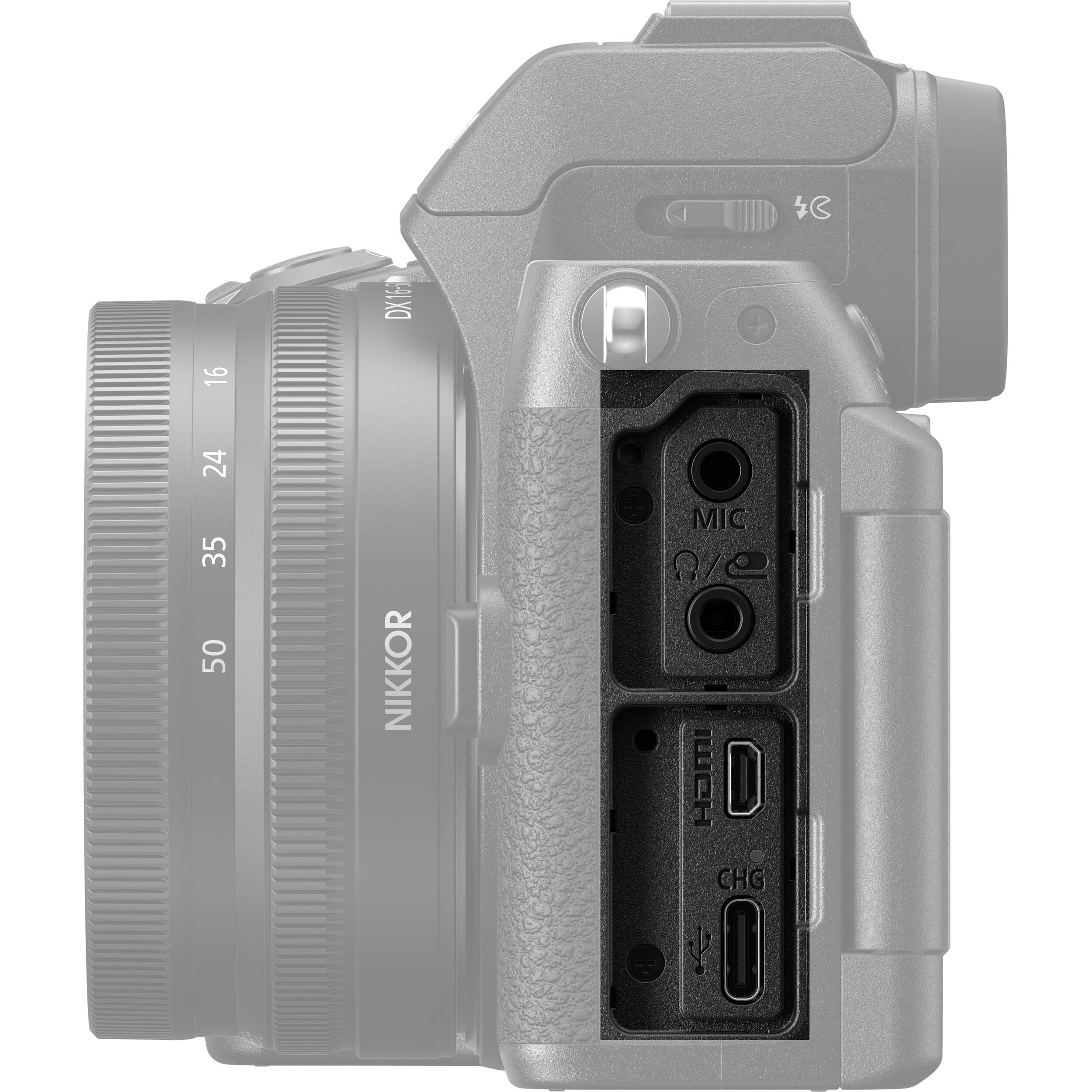 Nikon Z50 II mirrorless camera body in black, shown with a mounted lens—featuring a 3.2″ articulating touchscreen, bright OLED electronic viewfinder, textured grip, and compact APS‑C design.