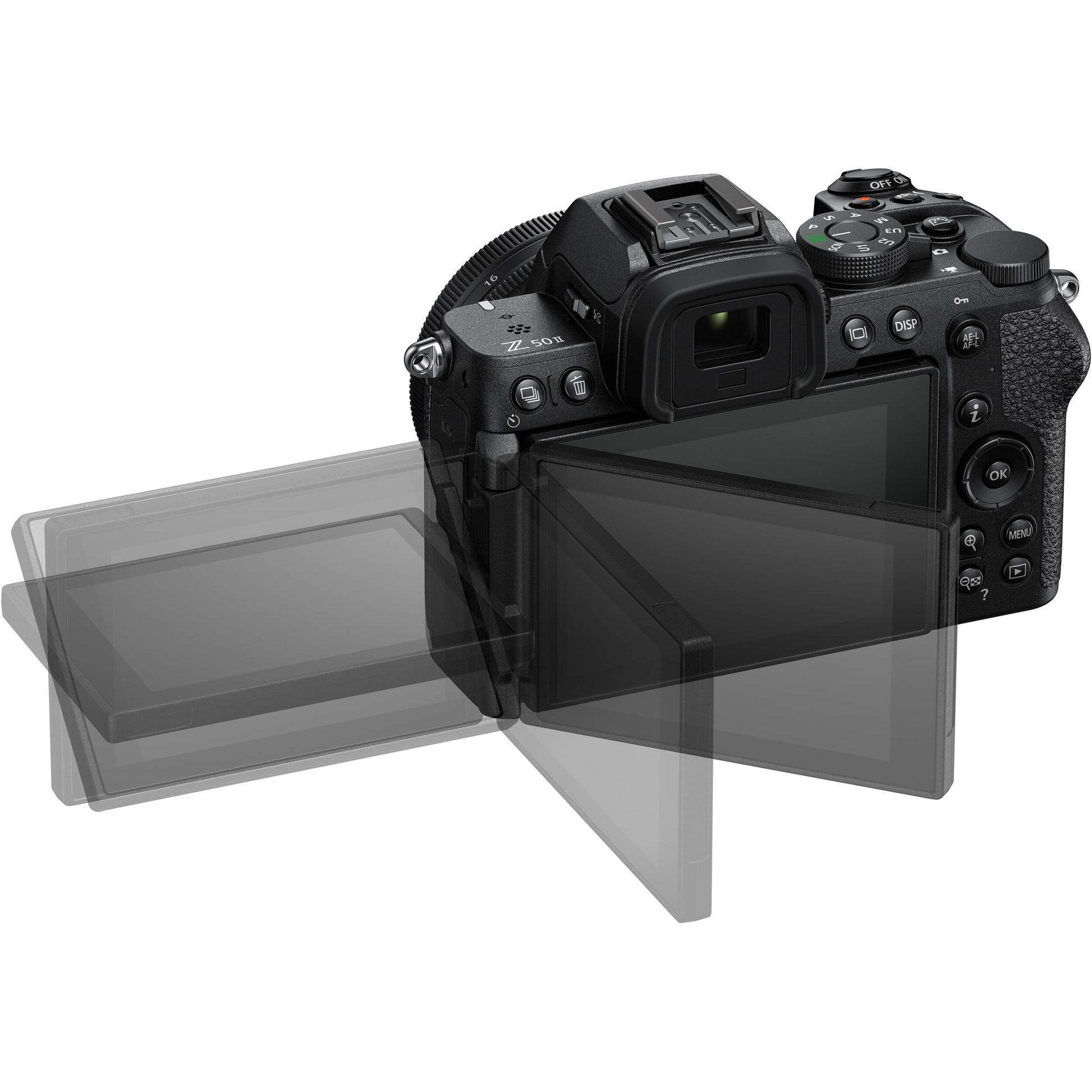 Nikon Z50 II mirrorless camera body in black, shown with a mounted lens—featuring a 3.2″ articulating touchscreen, bright OLED electronic viewfinder, textured grip, and compact APS‑C design.