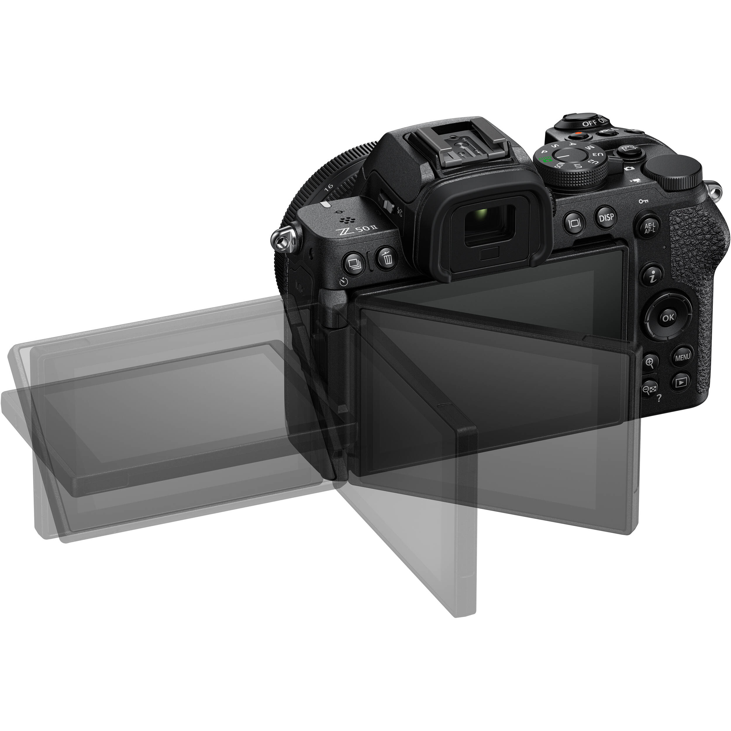 Nikon Z50 II mirrorless camera body in black, shown with a mounted lens—featuring a 3.2″ articulating touchscreen, bright OLED electronic viewfinder, textured grip, and compact APS‑C design.