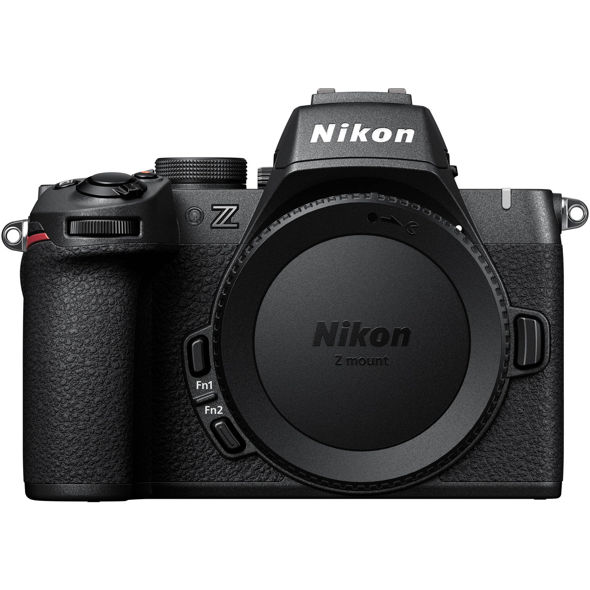 Nikon Z50 II mirrorless camera body in black, shown with a mounted lens—featuring a 3.2″ articulating touchscreen, bright OLED electronic viewfinder, textured grip, and compact APS‑C design.