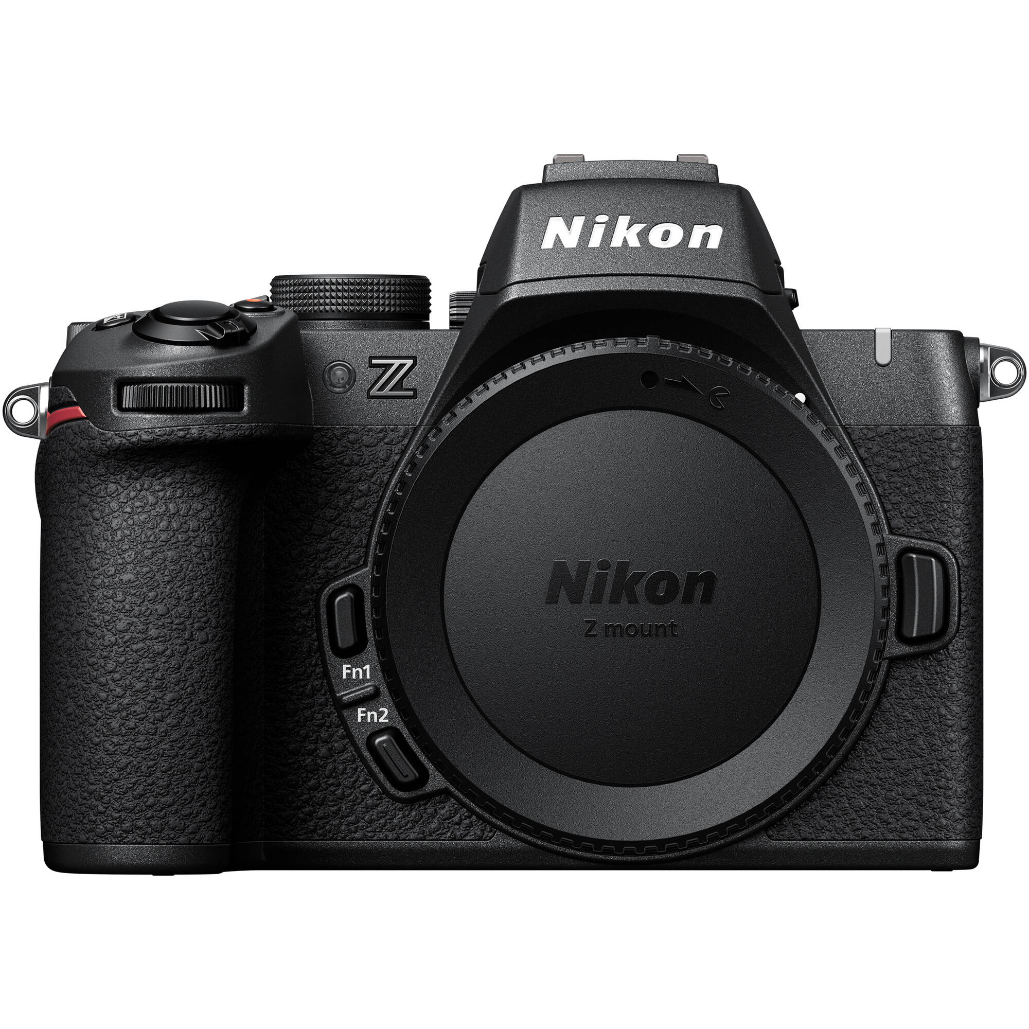 Nikon Z50 II mirrorless camera body in black, shown with a mounted lens—featuring a 3.2″ articulating touchscreen, bright OLED electronic viewfinder, textured grip, and compact APS‑C design.