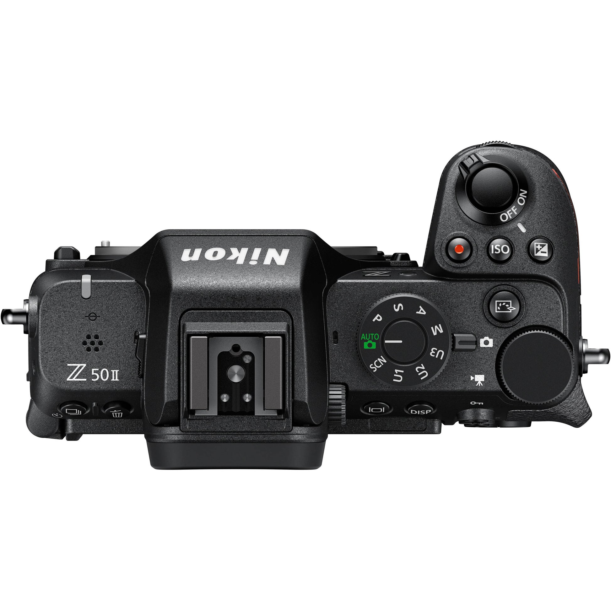 Nikon Z50 II Vlogging Kit in black featuring the Z50 II mirrorless camera body with attached NIKKOR Z 16–50 mm lens, alongside accessories including a compact vlogging LED light, shotgun microphone on cold shoe, handheld grip with wrist strap, and USB-C cable for charging.