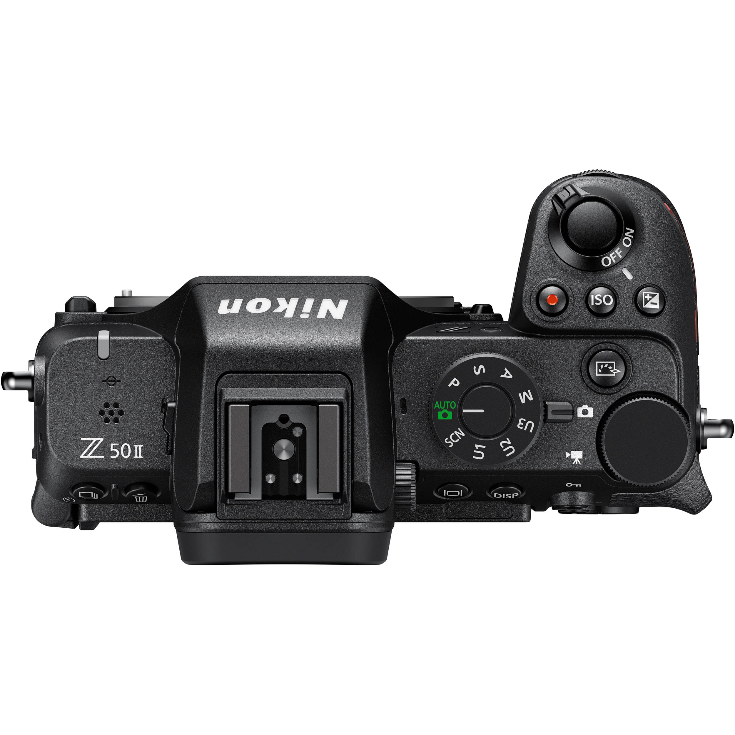 Nikon Z50 II Vlogging Kit in black featuring the Z50 II mirrorless camera body with attached NIKKOR Z 16–50 mm lens, alongside accessories including a compact vlogging LED light, shotgun microphone on cold shoe, handheld grip with wrist strap, and USB-C cable for charging.