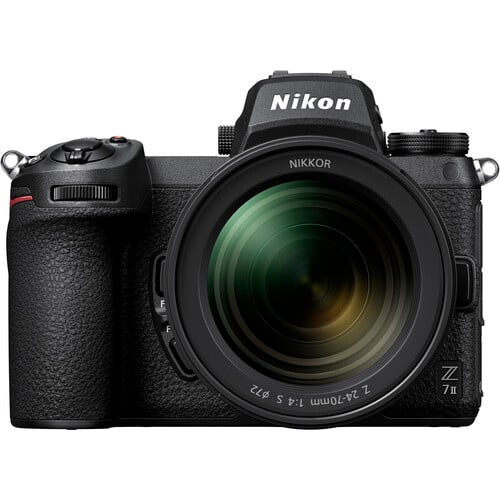 Nikon Z7 II full-frame mirrorless camera with 45.7MP BSI CMOS sensor, dual EXPEED 6 processors, paired with versatile 24-70mm f/4 S lens, 4K UHD 60p video.