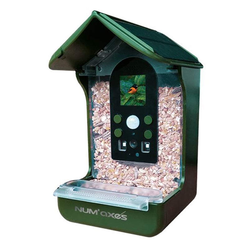Num Axes bird feeder camera with 1.3MP color CMOS sensor, 120° wide-angle lens, PIR motion detection, infrared night vision, solar panel power, and Full HD 1080p video.
