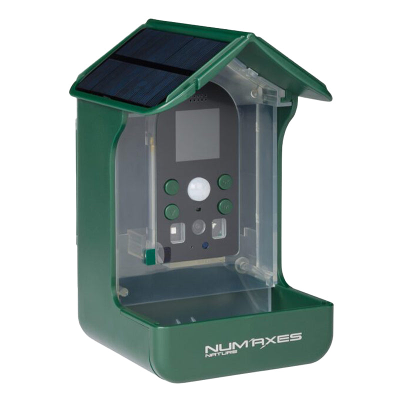 Num Axes bird feeder camera with 1.3MP color CMOS sensor, 120° wide-angle lens, PIR motion detection, infrared night vision, solar panel power, and Full HD 1080p video.