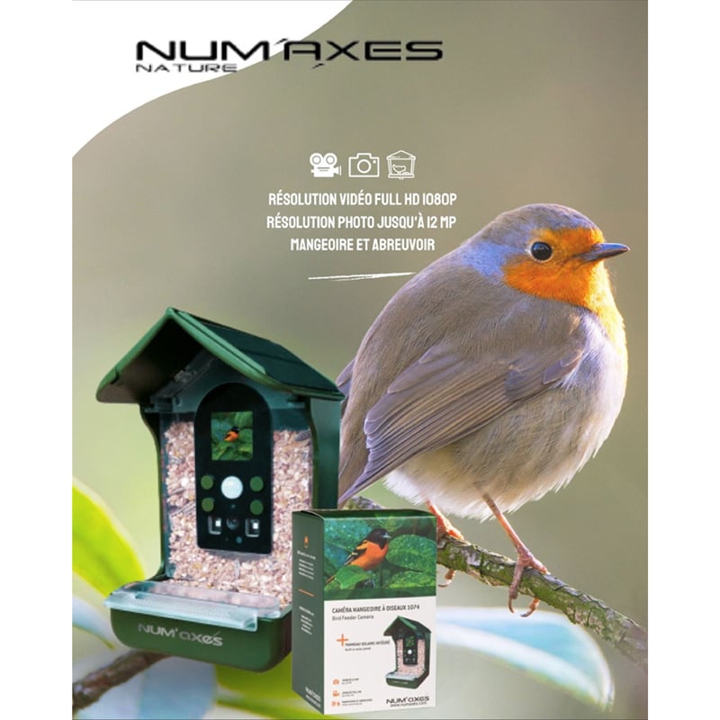 Num Axes bird feeder camera with 1.3MP color CMOS sensor, 120° wide-angle lens, PIR motion detection, infrared night vision, solar panel power, and Full HD 1080p video.