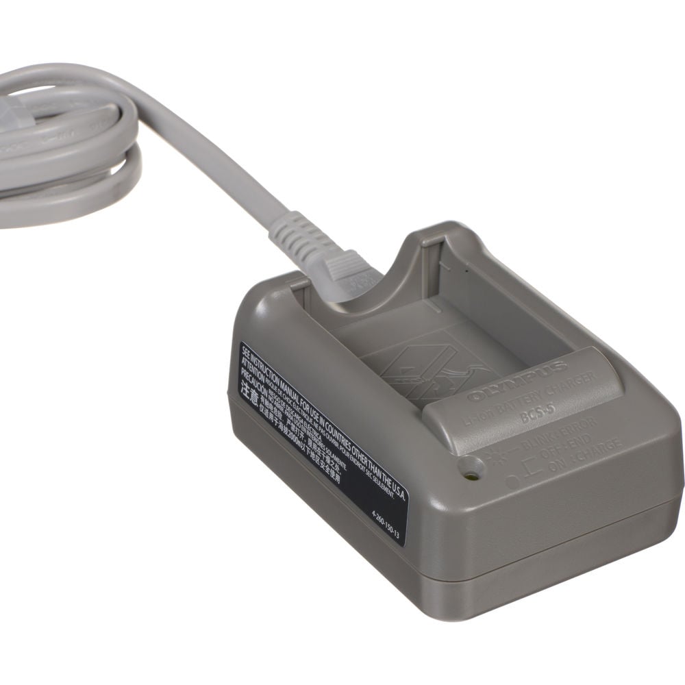 Olympus BCS-5 dedicated lithium-ion battery charger for BLS-5 and BLS-50 batteries, compatible with 100-240V AC international power supplies.