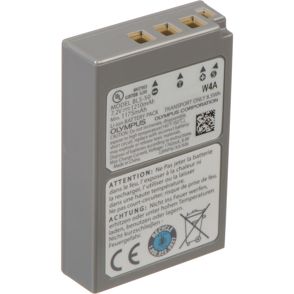 Olympus BLS-50 lithium-ion battery with 7.2V output, 1175mAh capacity, compatible with OM-D E-M10, Stylus, and PEN series cameras.