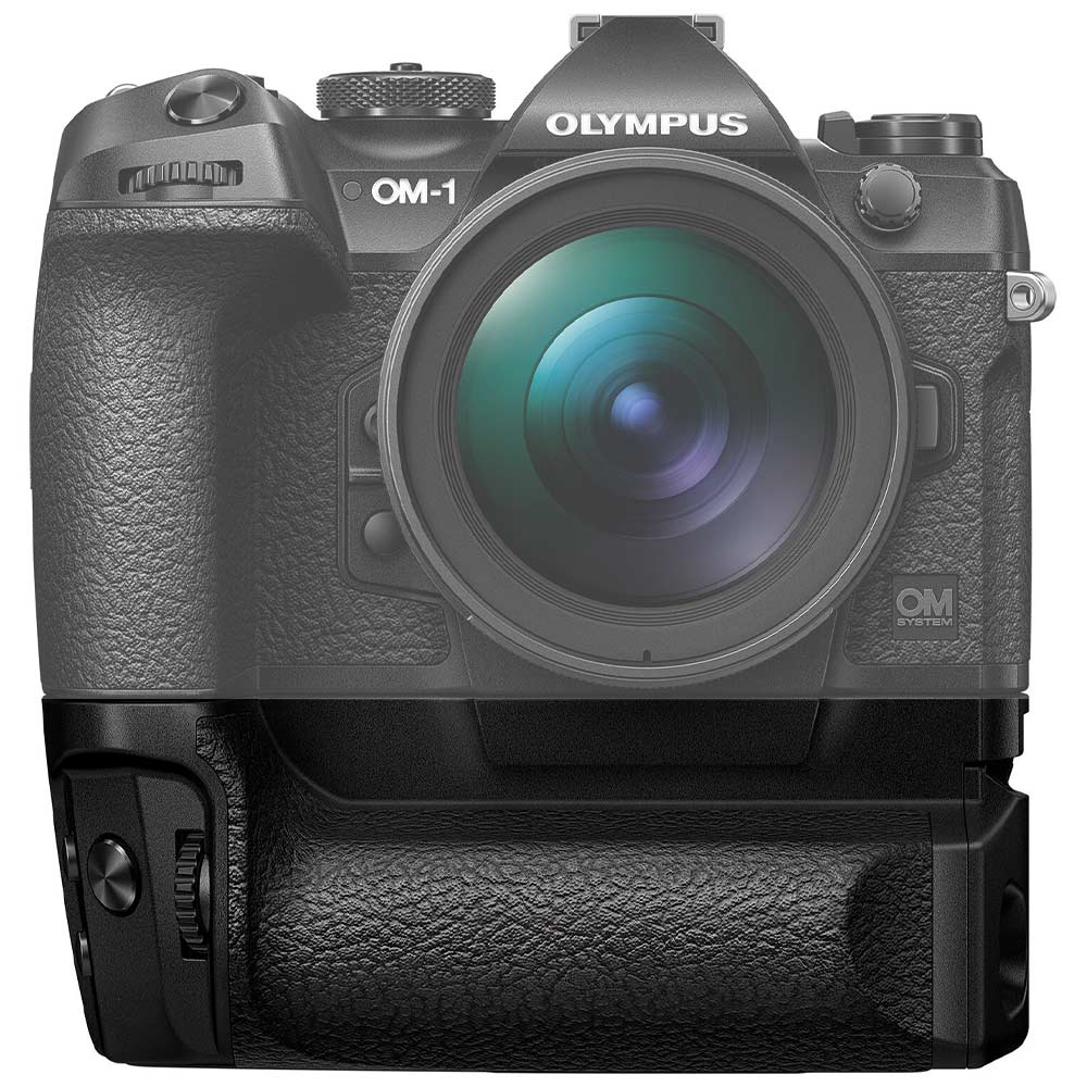 Olympus HLD-10 power battery holder grip for OM-1 camera, holds one extra BLX-1 battery, weather-sealed IP53, provides vertical and horizontal controls, extends shooting up to 1040 shots.