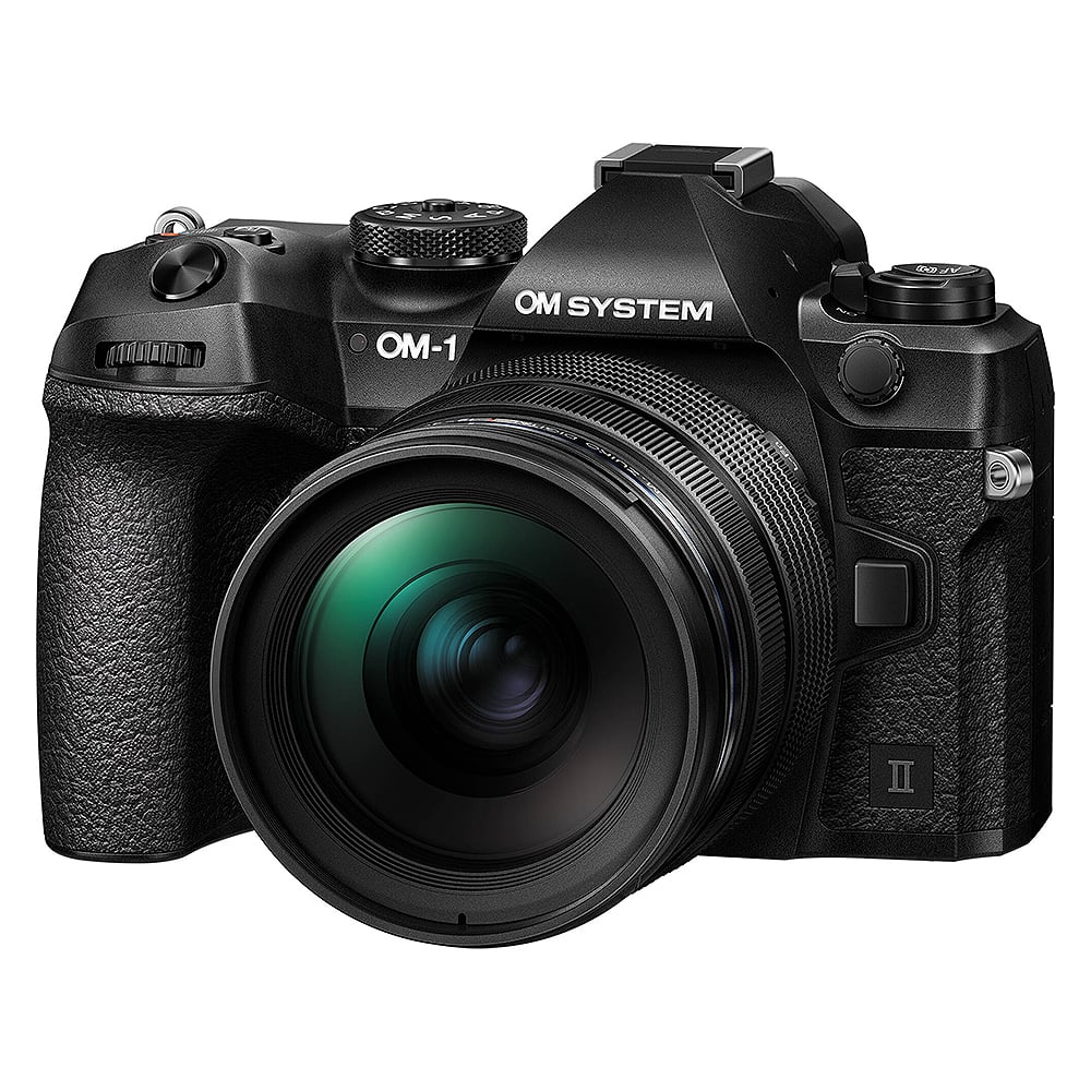 OM System OM-1 Mark II mirrorless camera with 20MP stacked BSI Live MOS sensor, TruePic X processor, paired with versatile 12-40mm Pro II lens, 5-axis IBIS with 8.5 EV, 4K 60p video, and advanced AI autofocus.