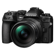 OM System OM-1 Mark II mirrorless camera with 20MP stacked BSI Live MOS sensor, TruePic X processor, paired with versatile 12-40mm Pro II lens, 5-axis IBIS with 8.5 EV, 4K 60p video, and advanced AI autofocus.