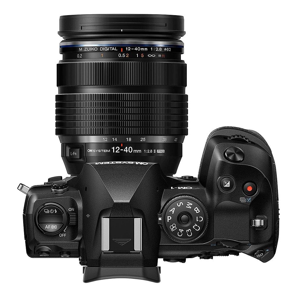 OM System OM-1 Mark II mirrorless camera with 20MP stacked BSI Live MOS sensor, TruePic X processor, paired with versatile 12-40mm Pro II lens, 5-axis IBIS with 8.5 EV, 4K 60p video, and advanced AI autofocus.