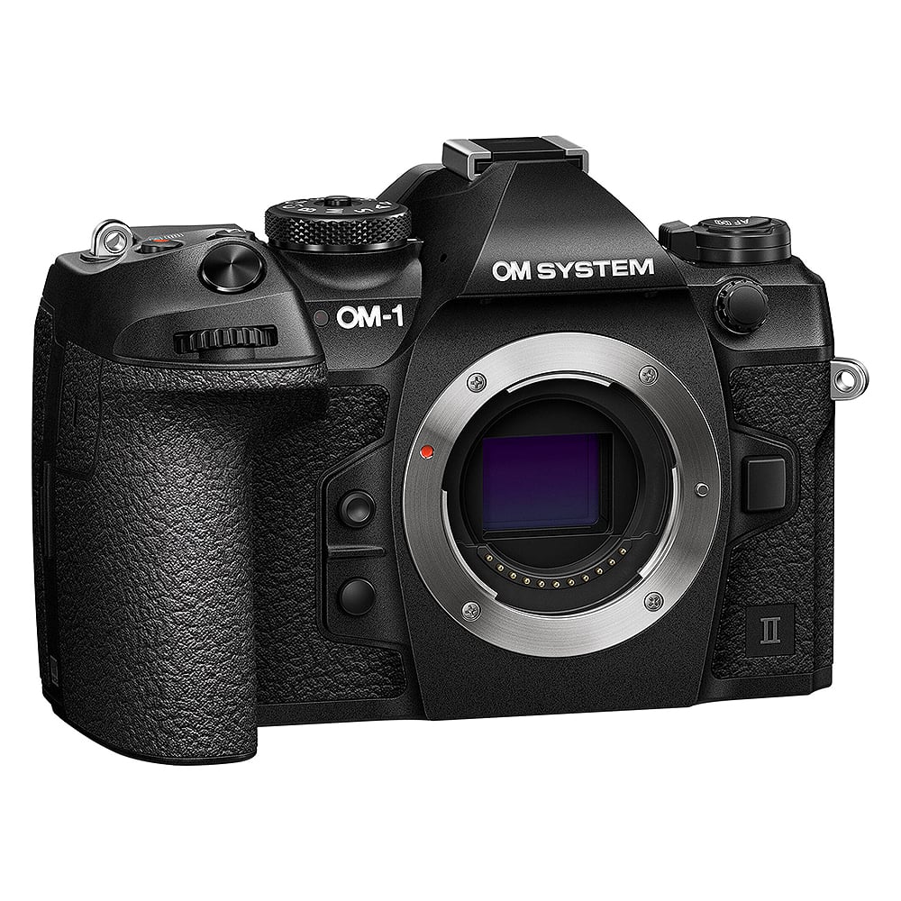 OM System OM-1 Mark II mirrorless camera with 20MP stacked BSI Live MOS sensor, TruePic X processor, paired with versatile 12-40mm Pro II lens, 5-axis IBIS with 8.5 EV, 4K 60p video, and advanced AI autofocus.