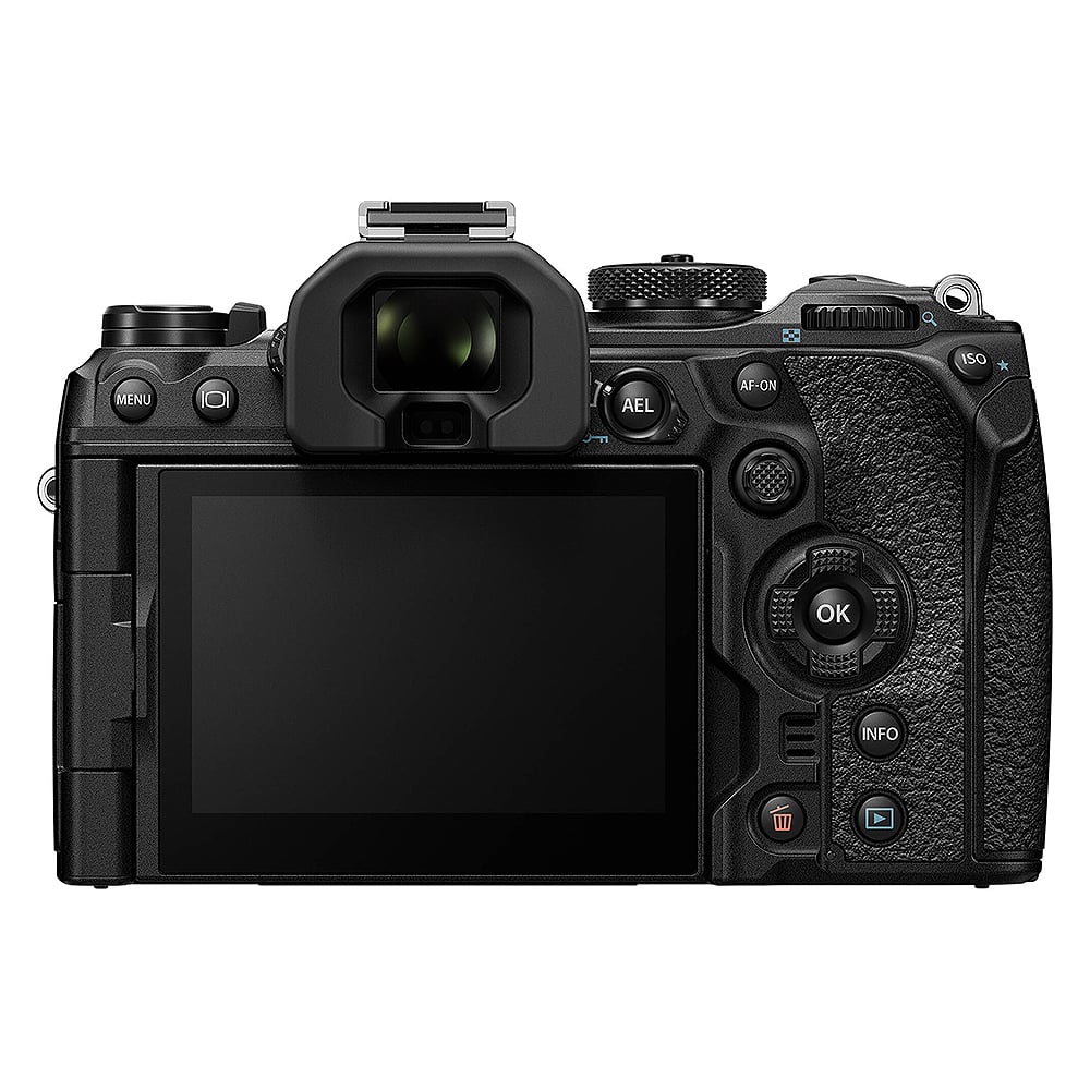 OM System OM-1 Mark II mirrorless camera with 20MP stacked BSI Live MOS sensor, TruePic X processor, paired with versatile 12-40mm Pro II lens, 5-axis IBIS with 8.5 EV, 4K 60p video, and advanced AI autofocus.