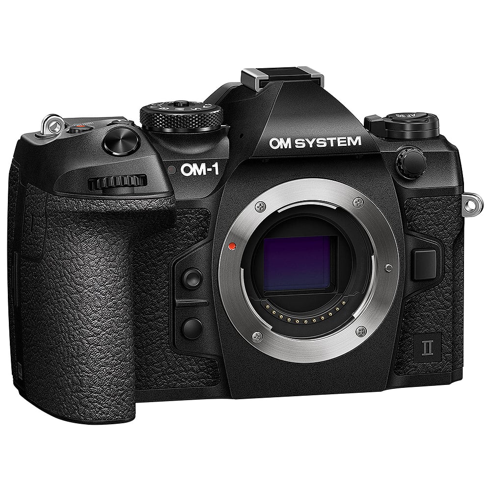 OM System OM-1 Mark II mirrorless camera with 20MP stacked BSI Live MOS sensor, TruePic X processor, 5-axis IBIS with 8.5 EV stops, 50 fps continuous shooting, 4K 60p video, and advanced AI autofocus.