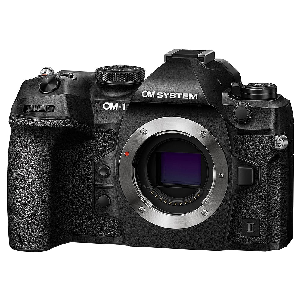OM System OM-1 Mark II mirrorless camera with 20MP stacked BSI Live MOS sensor, TruePic X processor, 5-axis IBIS with 8.5 EV stops, 50 fps continuous shooting, 4K 60p video, and advanced AI autofocus.