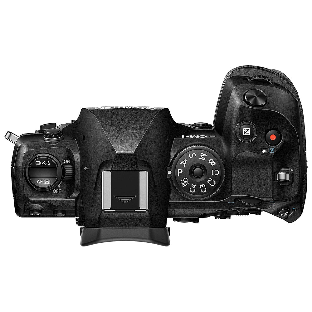 OM System OM-1 Mark II mirrorless camera with 20MP stacked BSI Live MOS sensor, TruePic X processor, 5-axis IBIS with 8.5 EV stops, 50 fps continuous shooting, 4K 60p video, and advanced AI autofocus.