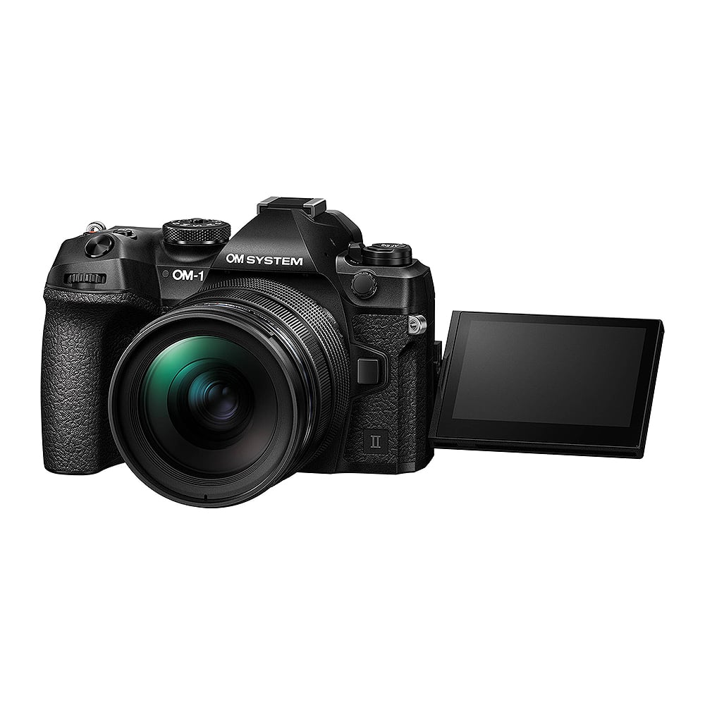 OM System OM-1 Mark II mirrorless camera with 20MP stacked BSI Live MOS sensor, TruePic X processor, 5-axis IBIS with 8.5 EV stops, 50 fps continuous shooting, 4K 60p video, and advanced AI autofocus.