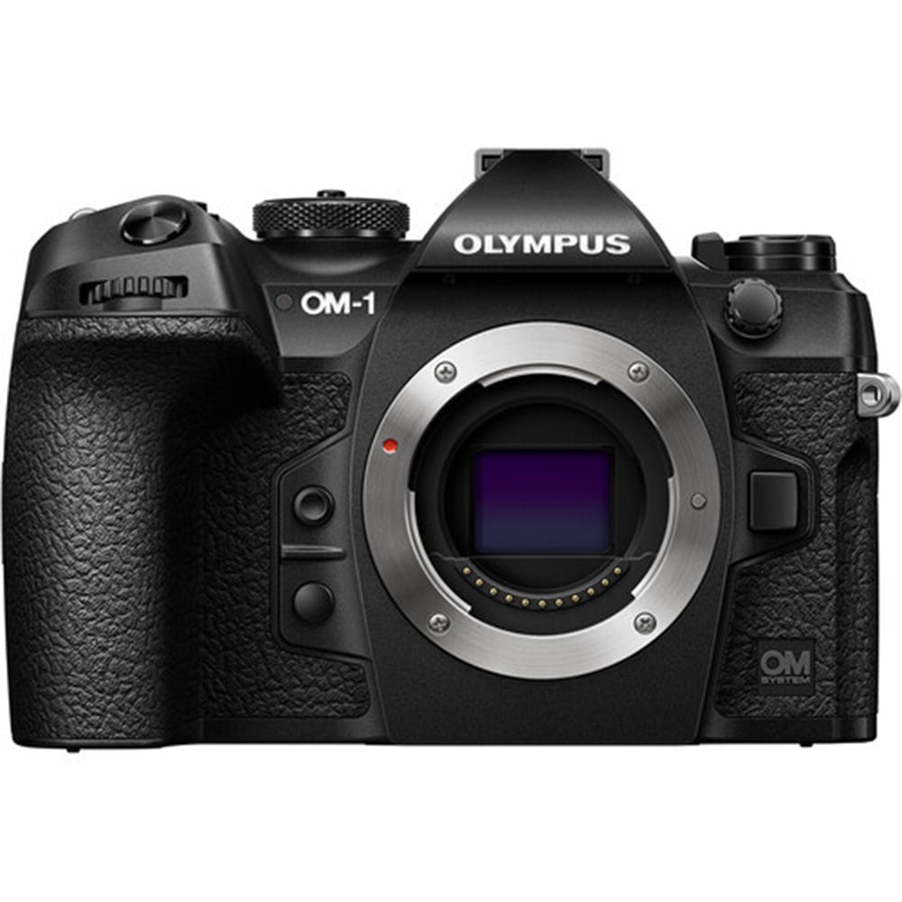 OM System OM-1 mirrorless camera with 20MP stacked BSI Live MOS sensor, TruePic X processor, 5-axis IBIS delivering up to 8 stops, 120fps EVF, 4K 60p video, and rugged IP53 weather-sealed body.