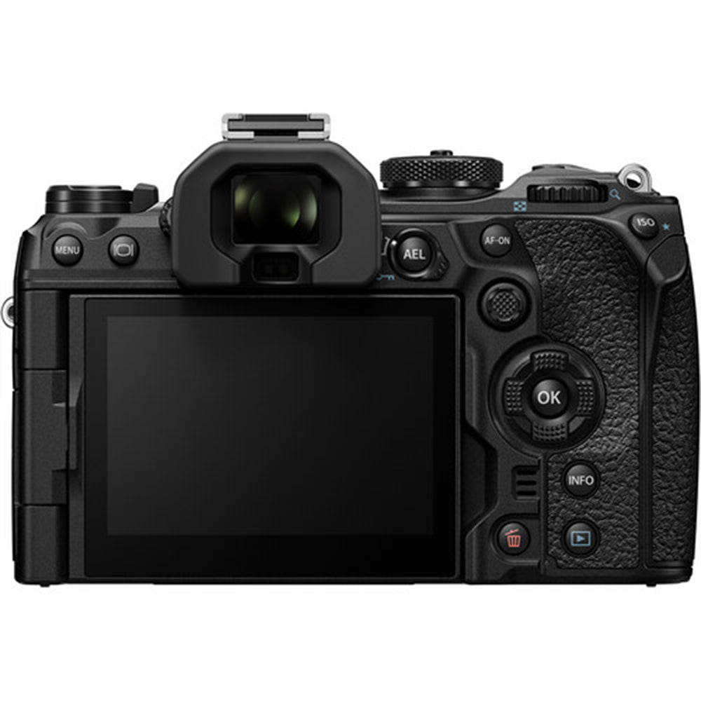 OM System OM-1 mirrorless camera with 20MP stacked BSI Live MOS sensor, TruePic X processor, 5-axis IBIS delivering up to 8 stops, 120fps EVF, 4K 60p video, and rugged IP53 weather-sealed body.