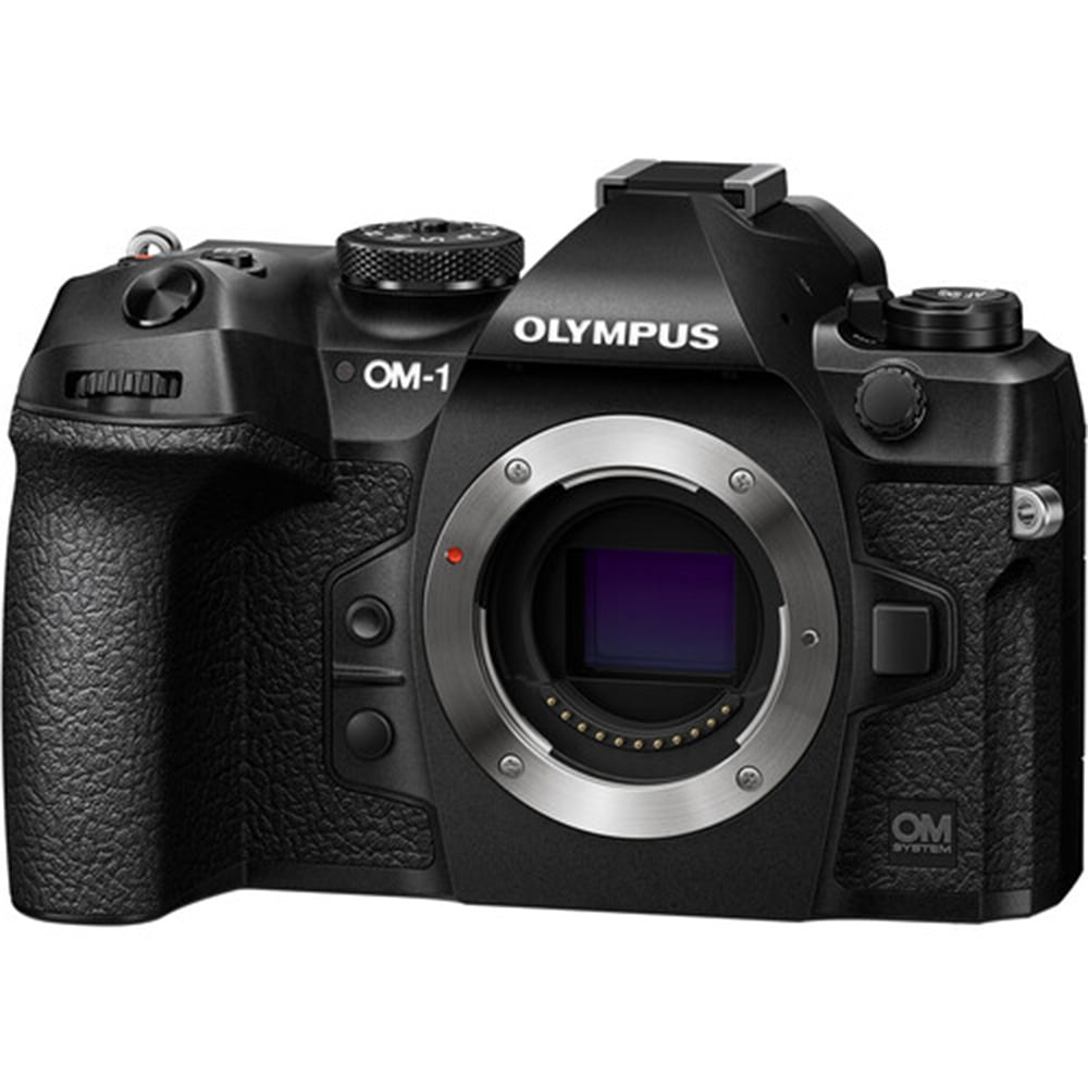 OM System OM-1 mirrorless camera with 20MP stacked BSI Live MOS sensor, TruePic X processor, 5-axis IBIS delivering up to 8 stops, 120fps EVF, 4K 60p video, and rugged IP53 weather-sealed body.