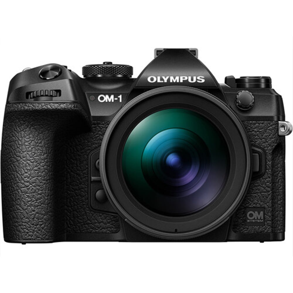 OM System OM-1 mirrorless camera with 20MP stacked BSI Live MOS sensor, TruePic X processor, paired with bright 12-40mm f/2.8 Pro II weather-sealed zoom lens, 5-axis IBIS, 4K 60p video, and fast autofocus.