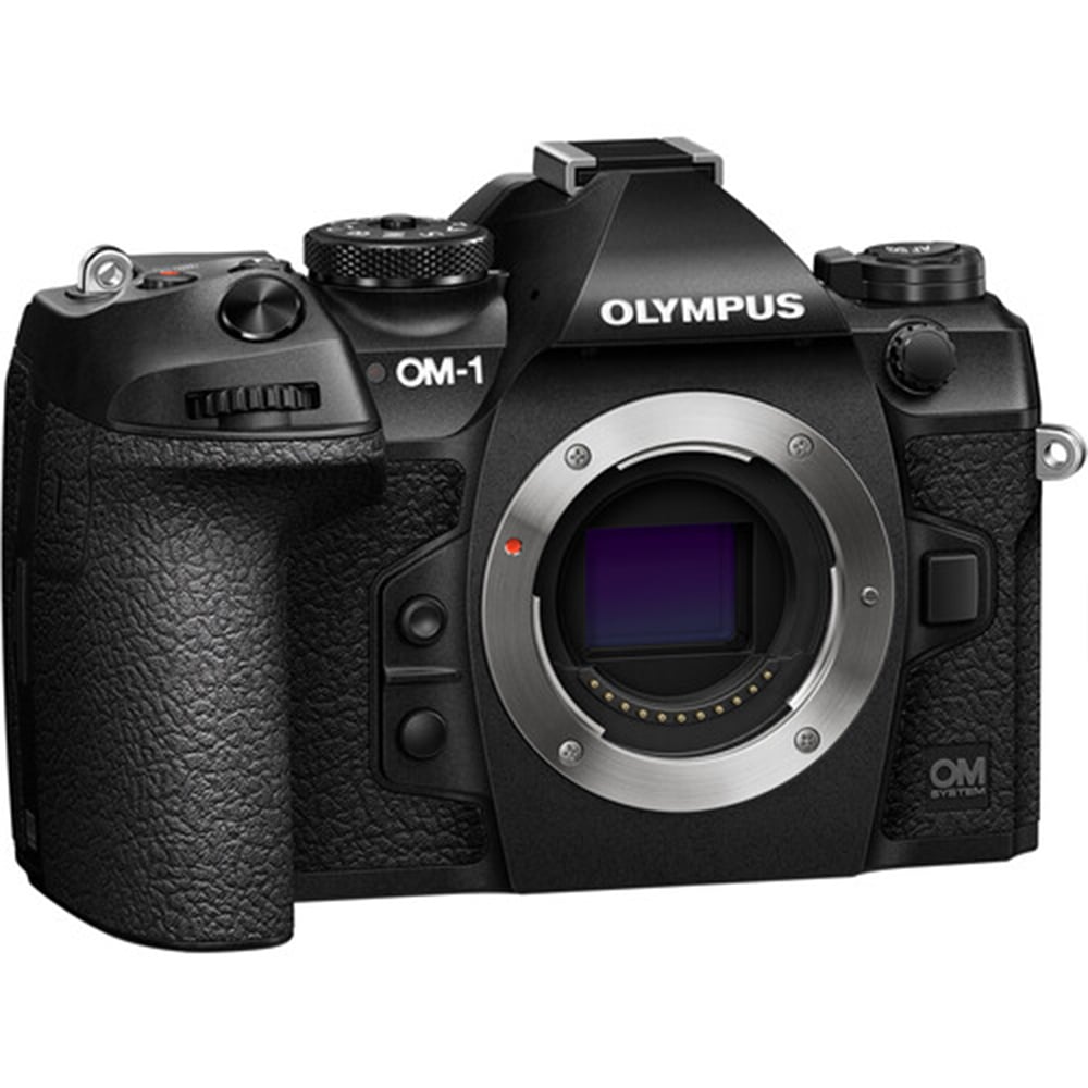 OM System OM-1 mirrorless camera with 20MP stacked BSI Live MOS sensor, TruePic X processor, paired with bright 12-40mm f/2.8 Pro II weather-sealed zoom lens, 5-axis IBIS, 4K 60p video, and fast autofocus.