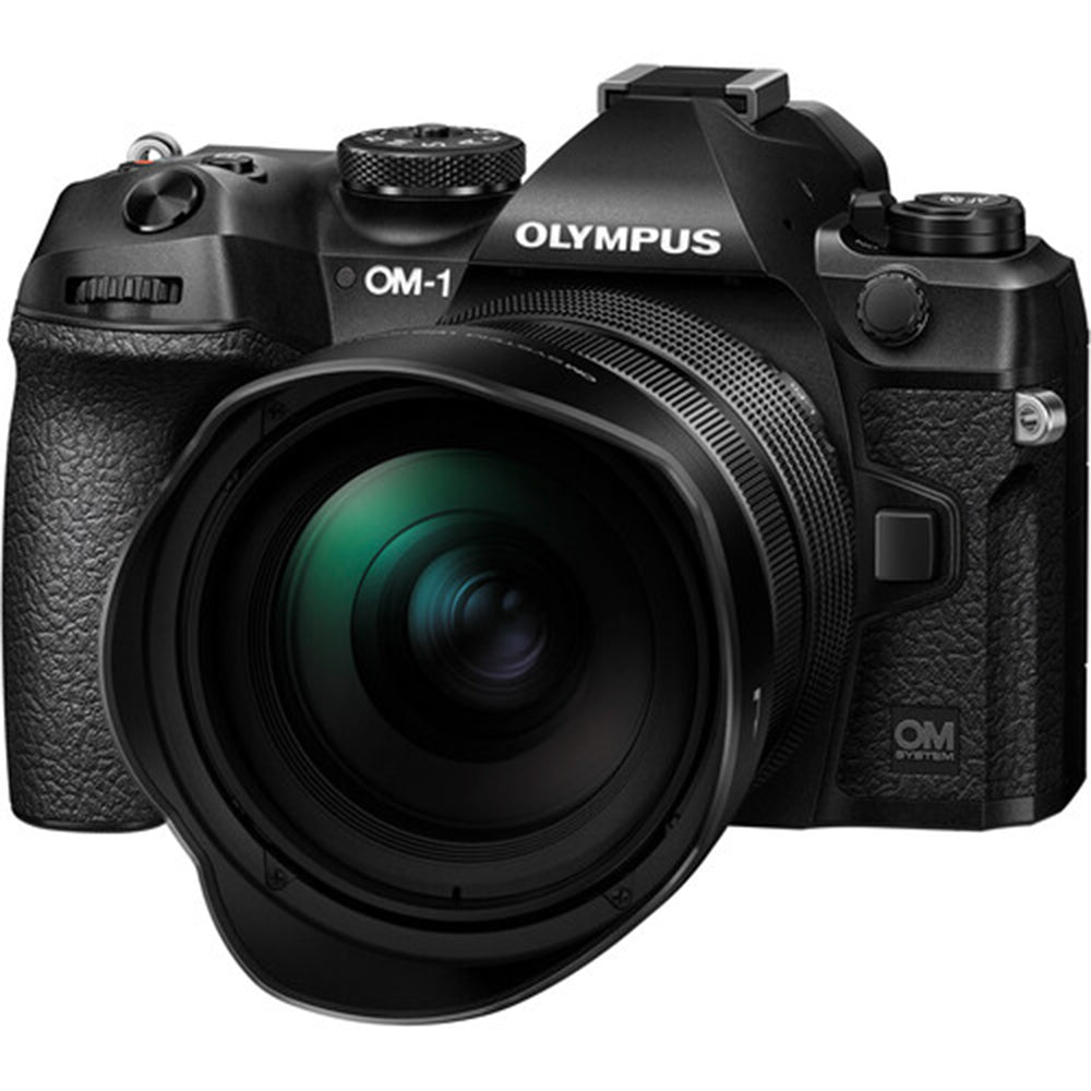 OM System OM-1 mirrorless camera with 20MP stacked BSI Live MOS sensor, TruePic X processor, paired with bright 12-40mm f/2.8 Pro II weather-sealed zoom lens, 5-axis IBIS, 4K 60p video, and fast autofocus.