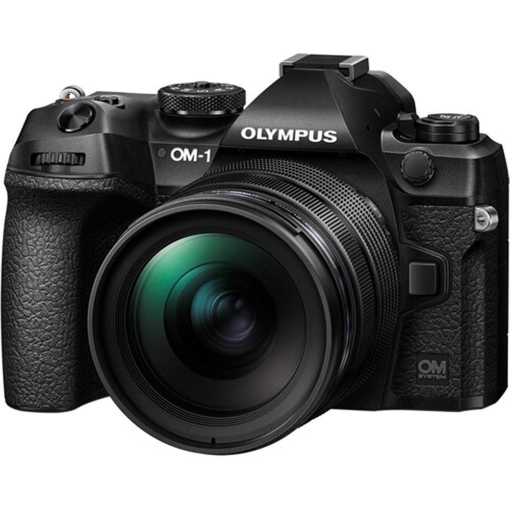 OM System OM-1 mirrorless camera with 20MP stacked BSI Live MOS sensor, TruePic X processor, paired with bright 12-40mm f/2.8 Pro II weather-sealed zoom lens, 5-axis IBIS, 4K 60p video, and fast autofocus.