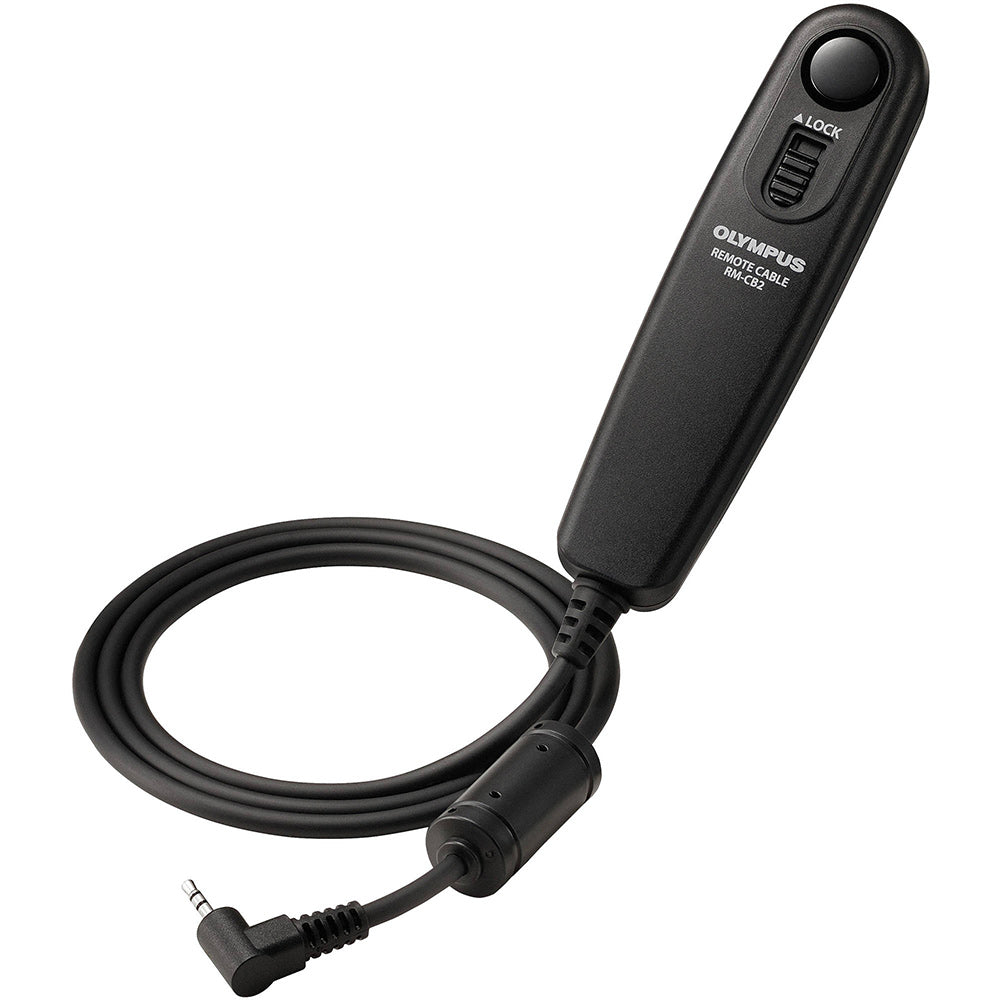 Olympus RM-CB2 remote release cable with 2.5mm mini stereo jack, designed for OM-D E-M1 Mark II and E-M5 Mark III, prevents camera shake, features bulb lock for long exposures.