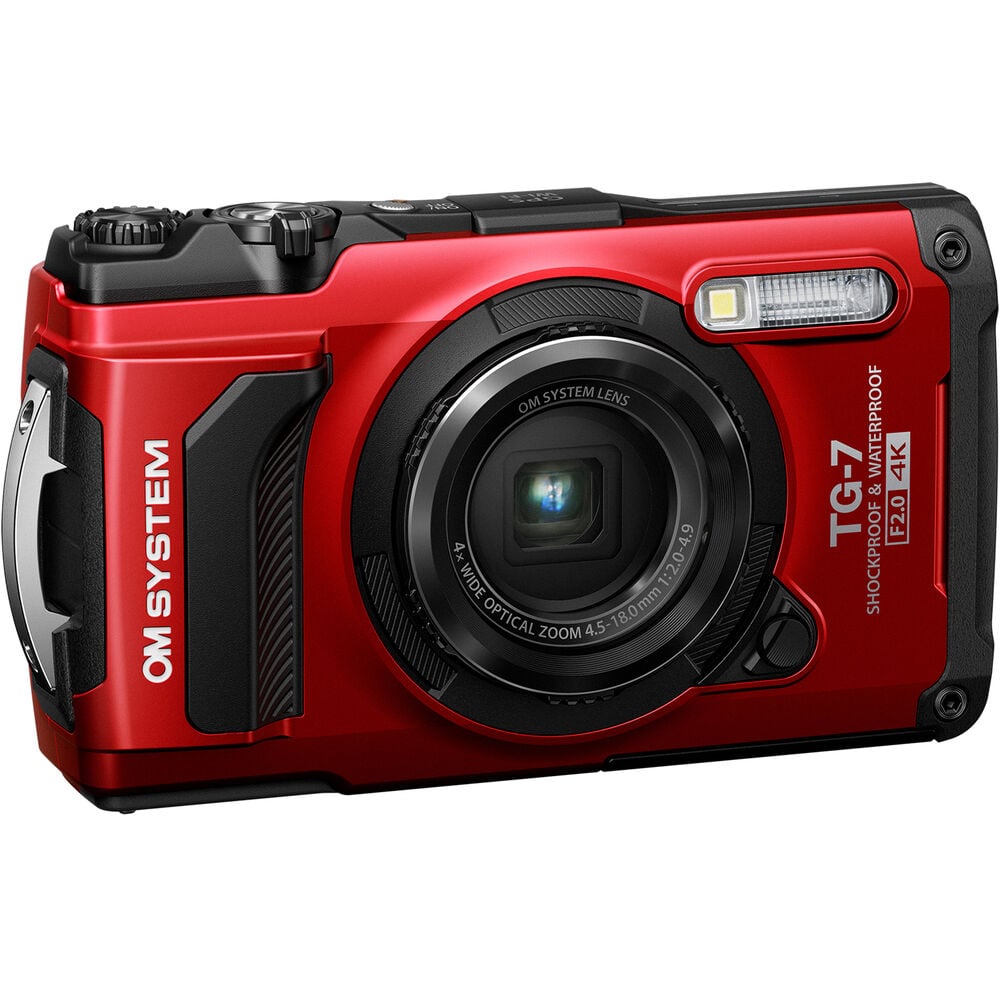 Olympus Tough TG‑7 rugged compact camera in red, featuring a rubberized weatherproof body, built-in lens cover, and durable design that's waterproof, shockproof, freeze-proof, and crush-proof for outdoor adventures.