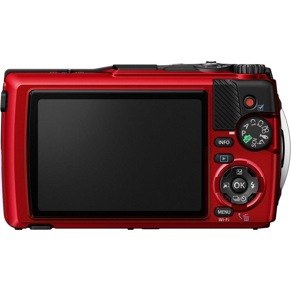Olympus Tough TG‑7 rugged compact camera in red, featuring a rubberized weatherproof body, built-in lens cover, and durable design that's waterproof, shockproof, freeze-proof, and crush-proof for outdoor adventures.