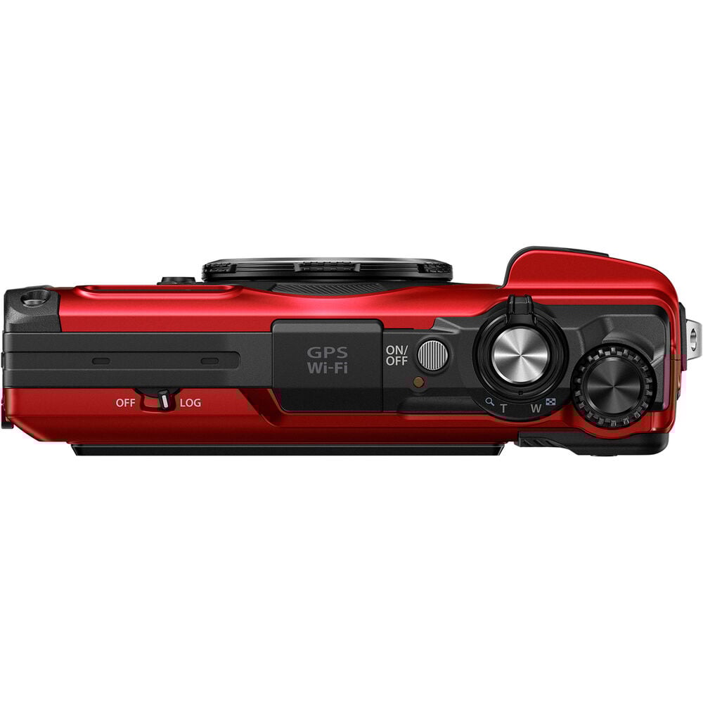 Olympus Tough TG‑7 rugged compact camera in red, featuring a rubberized weatherproof body, built-in lens cover, and durable design that's waterproof, shockproof, freeze-proof, and crush-proof for outdoor adventures.