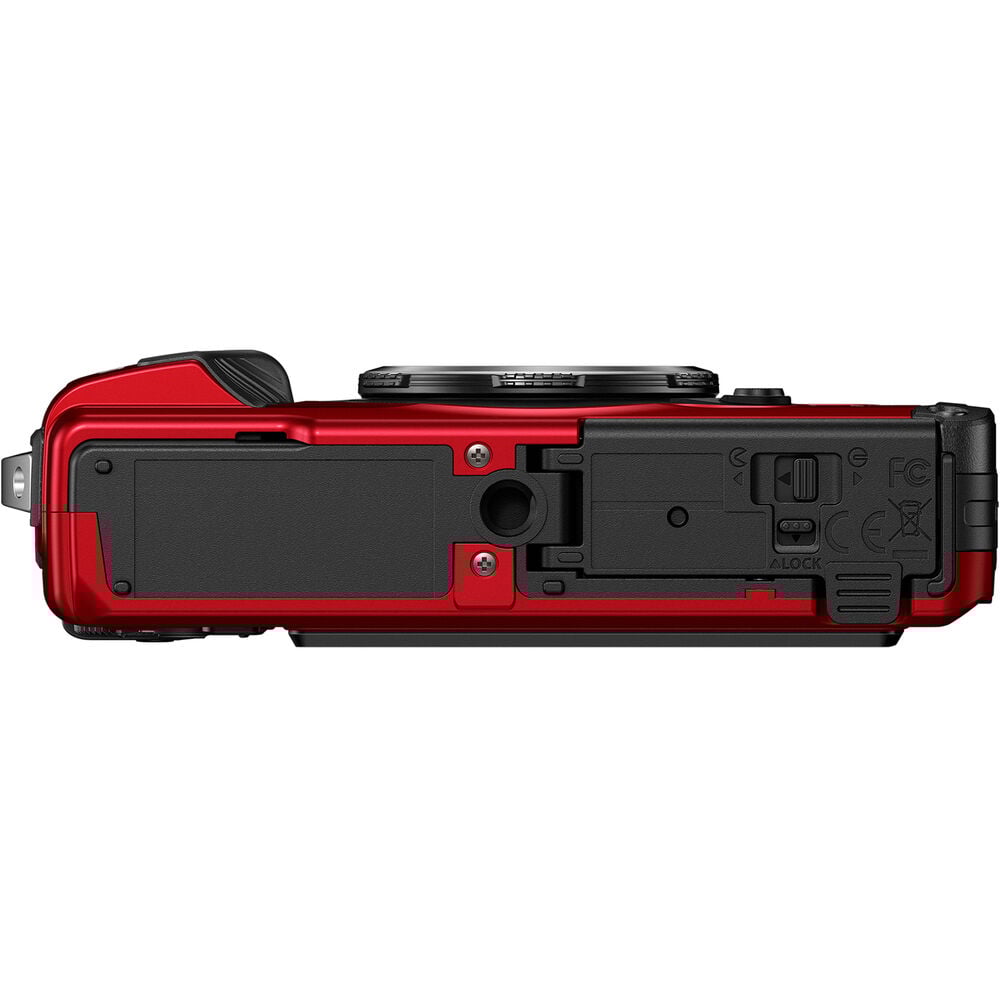 Olympus Tough TG‑7 rugged compact camera in red, featuring a rubberized weatherproof body, built-in lens cover, and durable design that's waterproof, shockproof, freeze-proof, and crush-proof for outdoor adventures.