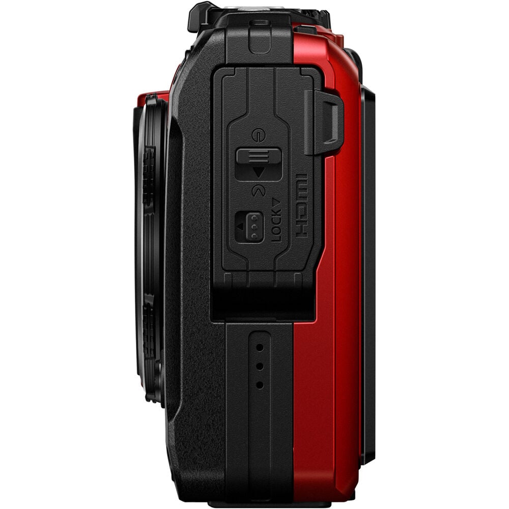 Olympus Tough TG‑7 rugged compact camera in red, featuring a rubberized weatherproof body, built-in lens cover, and durable design that's waterproof, shockproof, freeze-proof, and crush-proof for outdoor adventures.