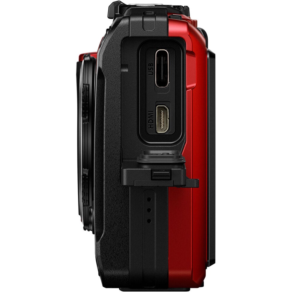 Olympus Tough TG‑7 rugged compact camera in red, featuring a rubberized weatherproof body, built-in lens cover, and durable design that's waterproof, shockproof, freeze-proof, and crush-proof for outdoor adventures.