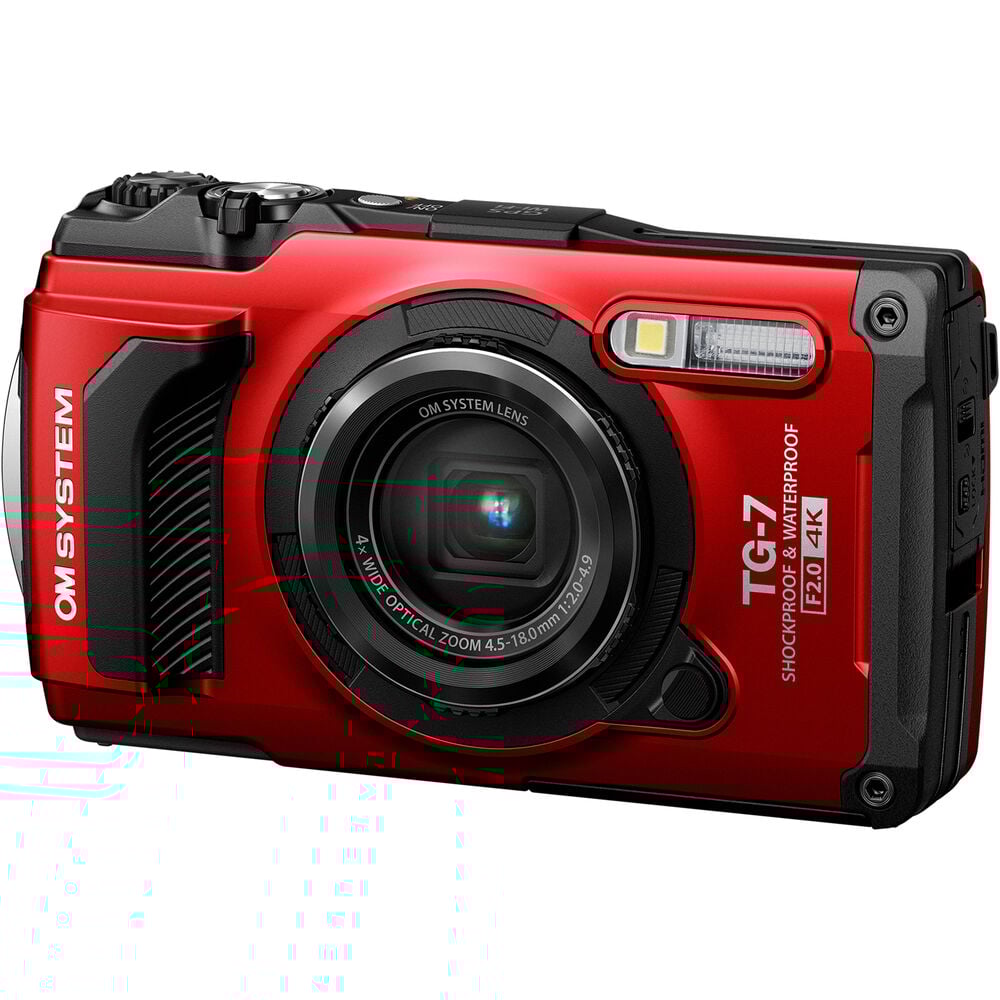 Olympus Tough TG‑7 rugged compact camera in red, featuring a rubberized weatherproof body, built-in lens cover, and durable design that's waterproof, shockproof, freeze-proof, and crush-proof for outdoor adventures.