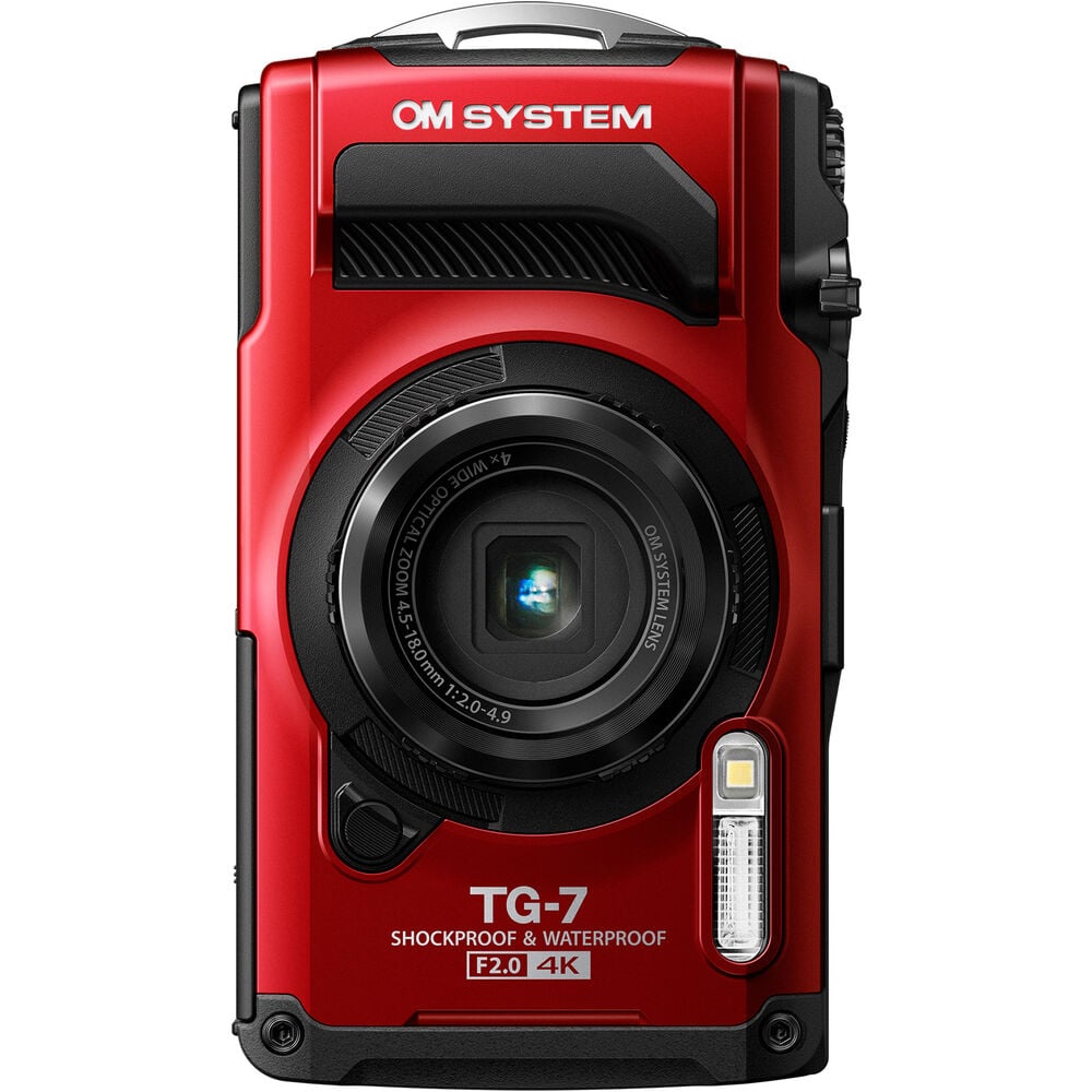 Olympus Tough TG‑7 rugged compact camera in red, featuring a rubberized weatherproof body, built-in lens cover, and durable design that's waterproof, shockproof, freeze-proof, and crush-proof for outdoor adventures.