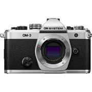 OM System OM-3 mirrorless camera with 20MP stacked BSI Live MOS sensor, TruePic X processor, 1053-point Quad Pixel AF covering 100% frame, up to 50 fps continuous AF burst, 4K 60p video, IP53 weather sealing, and 3-inch vari-angle touchscreen.