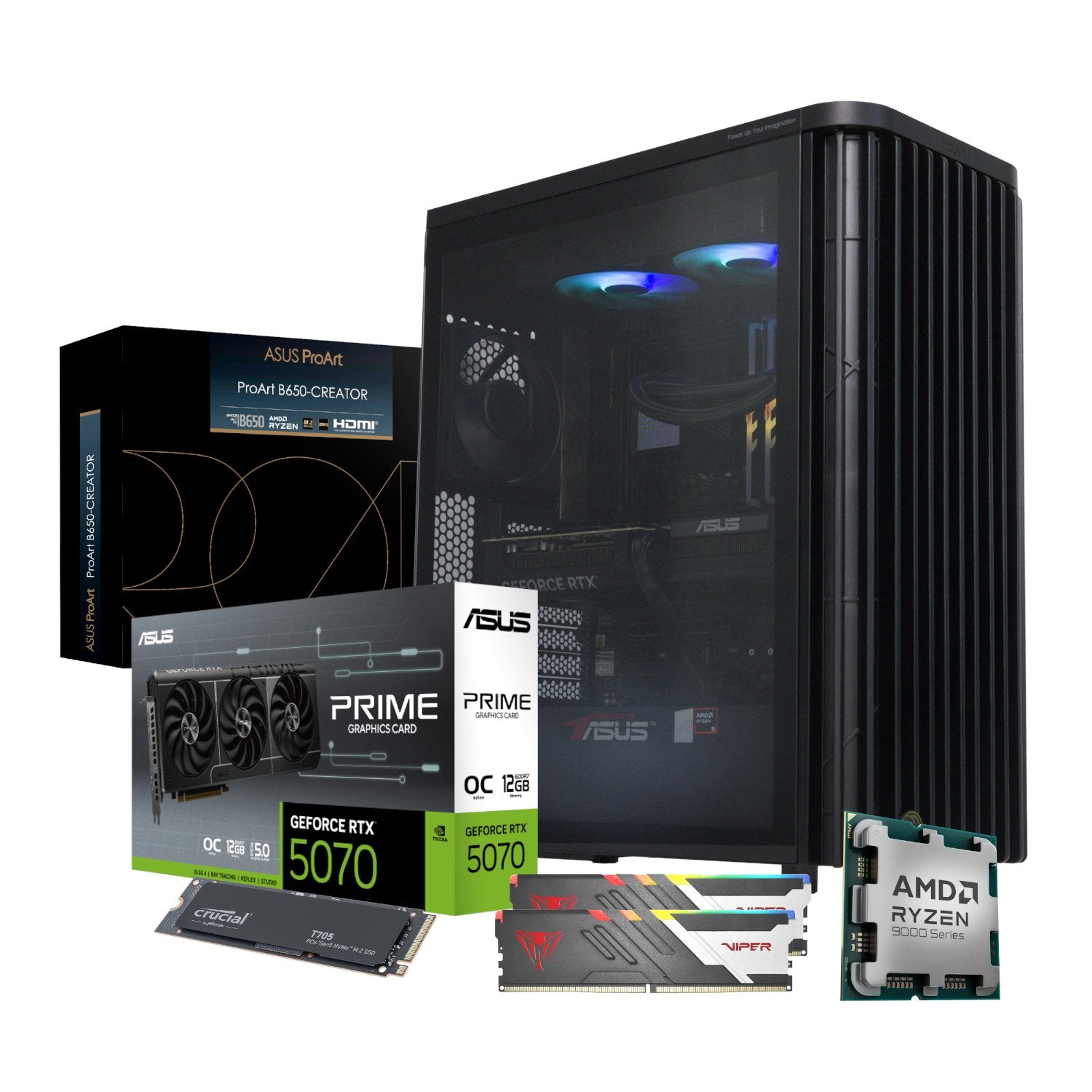 Power your creativity with the ASUS Ryzen 9 9900X MICHELANGELO Creator PC. With 12-core Ryzen CPU, RTX 5070 GPU, 32GB DDR5 RAM, and Windows 11.