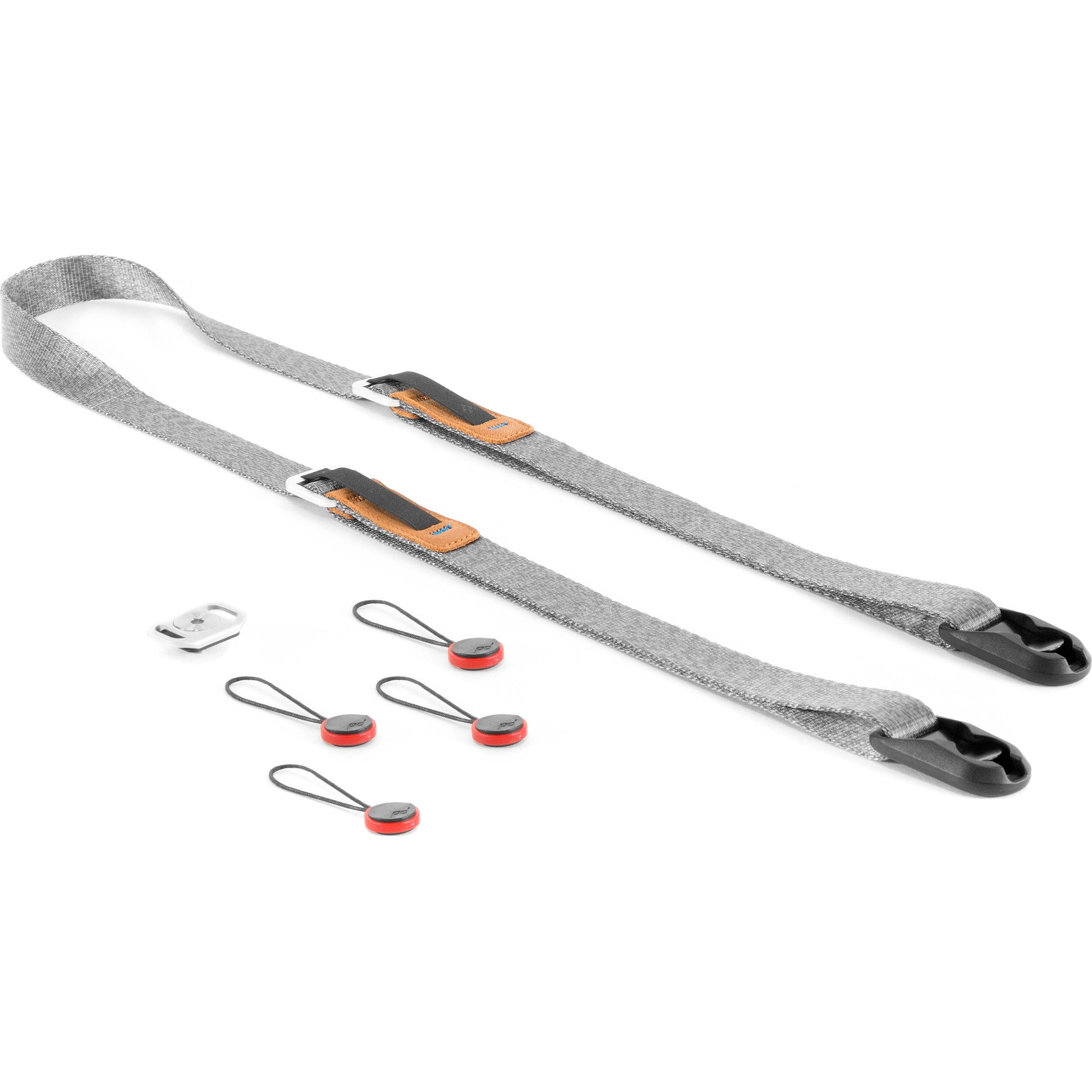 Peak Design Leash camera strap in Ash color, adjustable length from 83 to 145 cm, slim nylon webbing with leather accents, quick-adjust aluminum sliders, quick-release anchors rated for 90 kg, versatile for neck, shoulder, or cross-body carry.